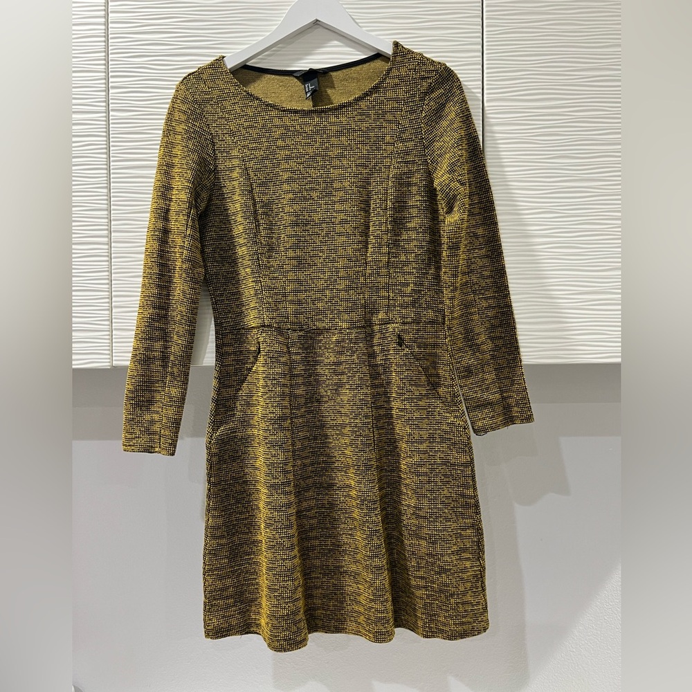 VINTAGE H&M Gold & Black Long Sleeve Tweed Dress w/Pockets Y2K Indie Cool Girl M